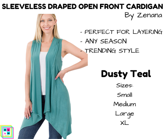 Sleeveless Draped Open Front Cardigan - Dusty Teal