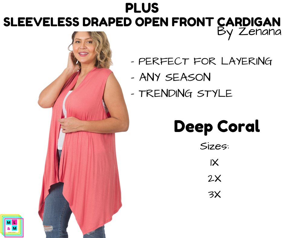 PLUS Sleeveless Draped Open Front Cardigan - Deep Coral