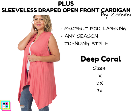 PLUS Sleeveless Draped Open Front Cardigan - Deep Coral