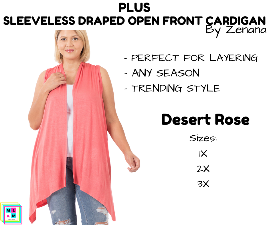 PLUS Sleeveless Draped Open Front Cardigan - Desert Rose