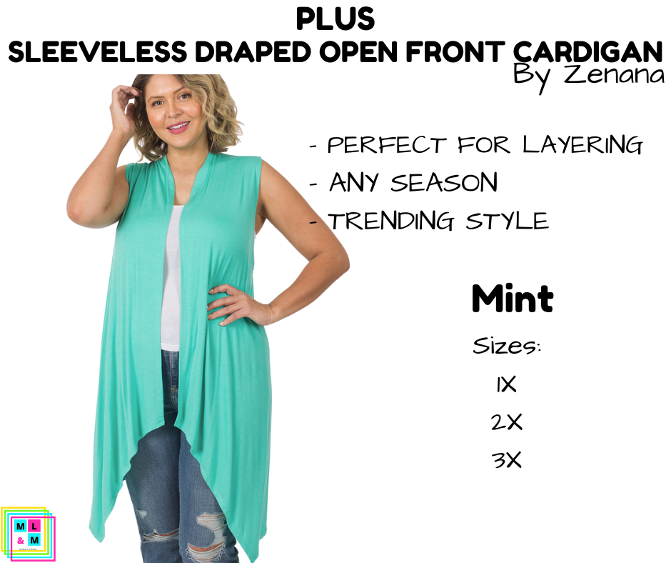 PLUS Sleeveless Draped Open Front Cardigan - Mint