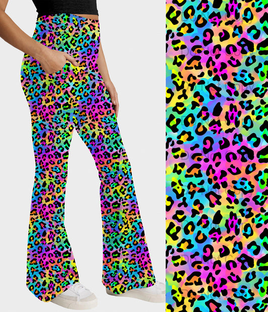 RTS - Rainbow Leopard Flare Leggings w/ Pockets