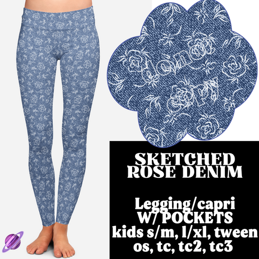 SKETCHED ROSE- DENIM PATTERN RUN - LEGGING/CAPRI