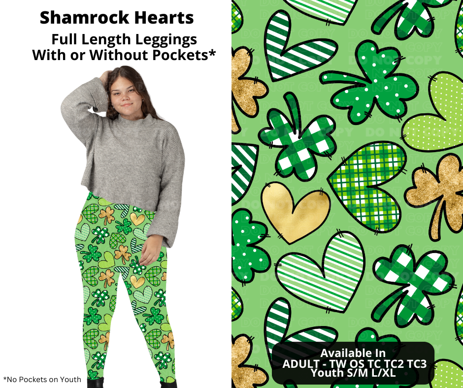 Preorder! Closes 12/11. ETA Feb. Shamrock Hearts Full Length Leggings w/wo Pockets