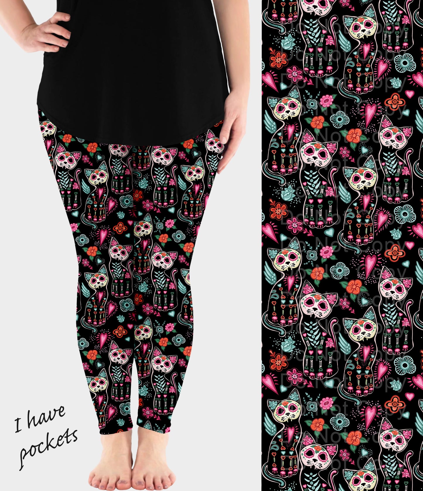 RTS - Sugar Skull Kitty Cat Leggings w/ Pockets