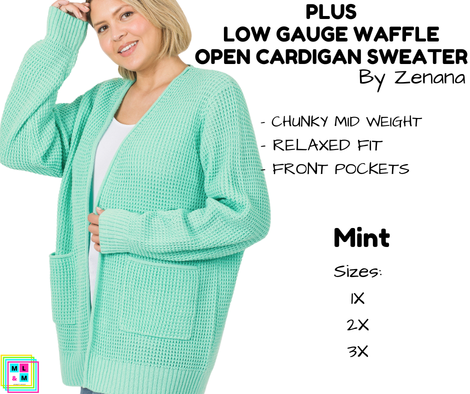 PLUS Low Gauge Waffle Open Cardigan Sweater - Mint