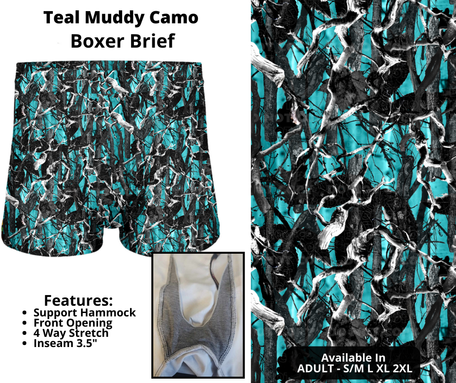 Preorder! Closes 12/12. ETA Feb. Teal Muddy Camo Boxer Briefs