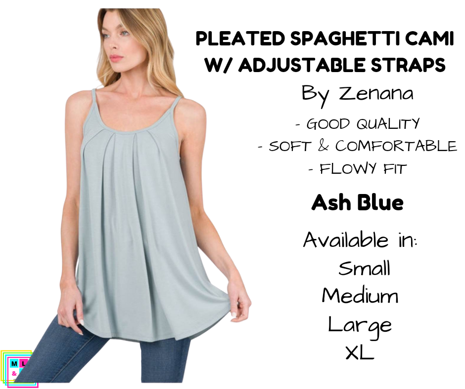 Pleated Spaghetti Strap Cami - Ash Blue