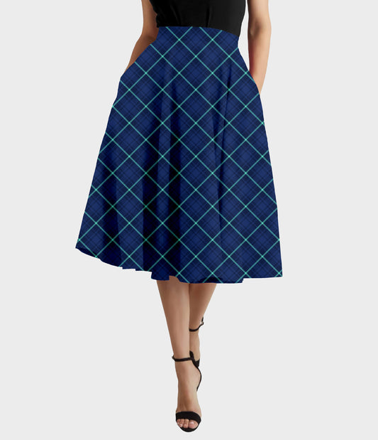 RTS - Blue Diagonal Plaid Swing Skirt w/ Pockets