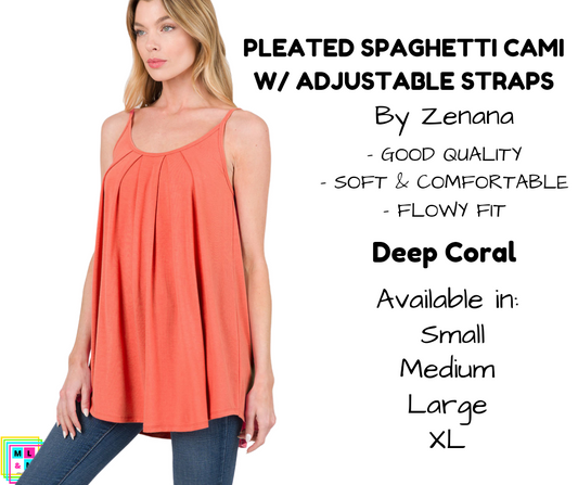 Pleated Spaghetti Strap Cami - Deep Coral