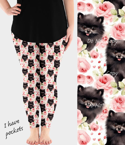 RTS - Floral Black Pomeranian Leggings w/ Pockets