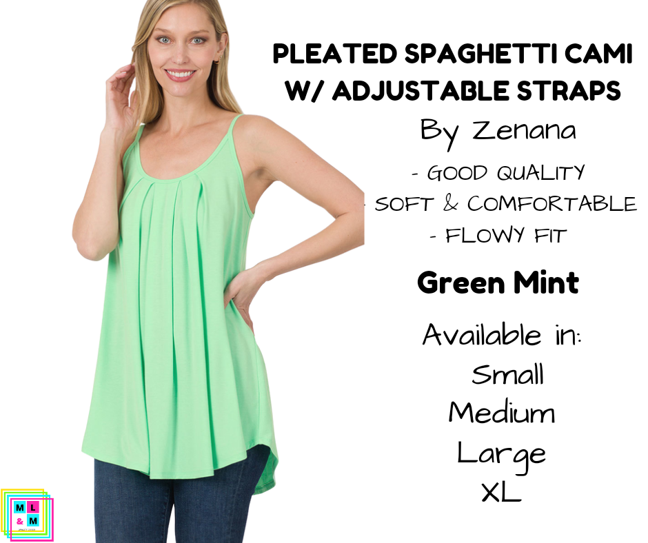 Pleated Spaghetti Strap Cami - Green Mint