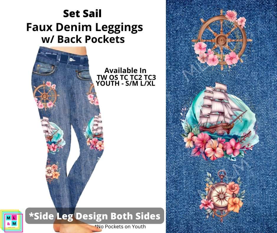 Set Sail Full Length Faux Denim w/ Side Leg Designs